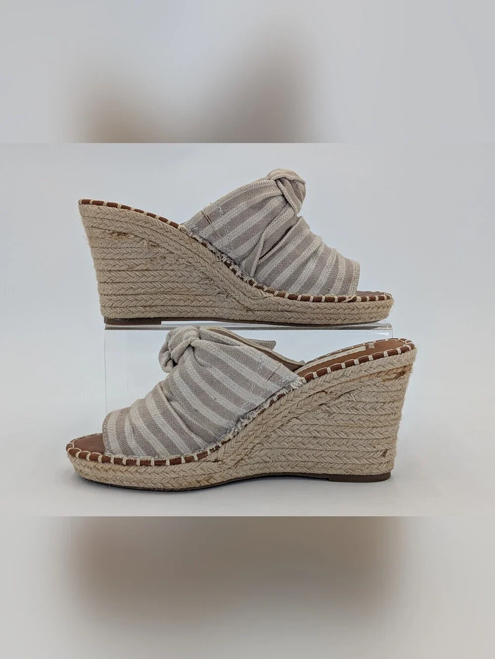Sugar Hundreds Sz 10M Cream/Tan Canvas Knotted Bow Espadrille Wedge Mule